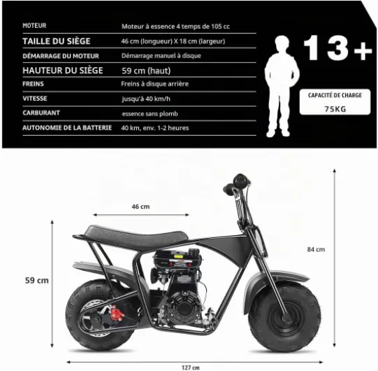 ORYXEARTH 105CC Mini Moto 4 Temps Pocket Bike Dirt Bike, Moto Cross Enfant, Benzin Haute Performance, Pneus Larges Tout-Terrain, Motocross, Autocollants DIY à Partir de 13 Ans (Noir)
