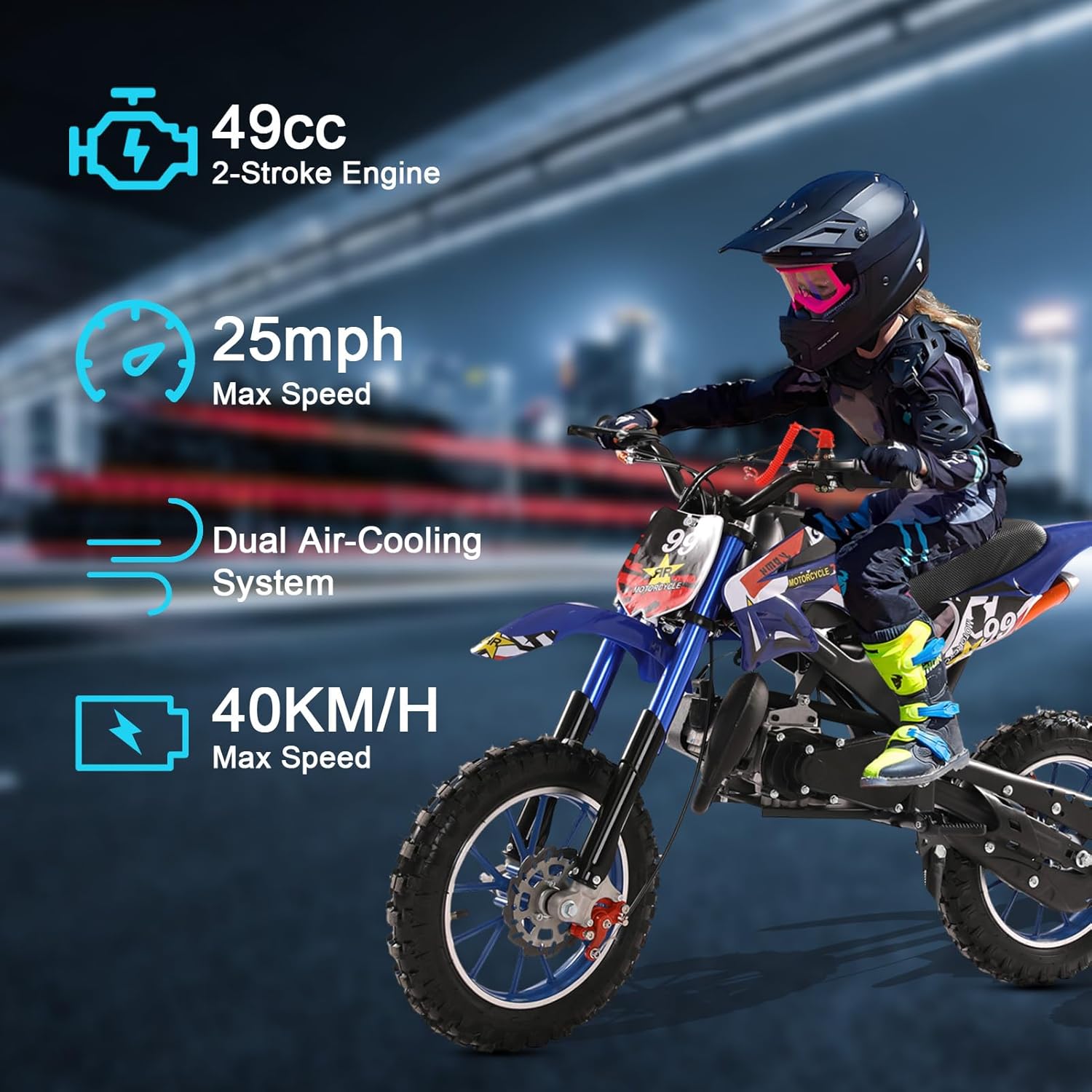 Rodiuiu Vélo tout-terrain 50 cc pour enfants, mini moto avec 2 temps, moto de cross à essence pour enfants, mini moto tout-terrain, moto de poche avec freins à disque avant et arrière, vitesse