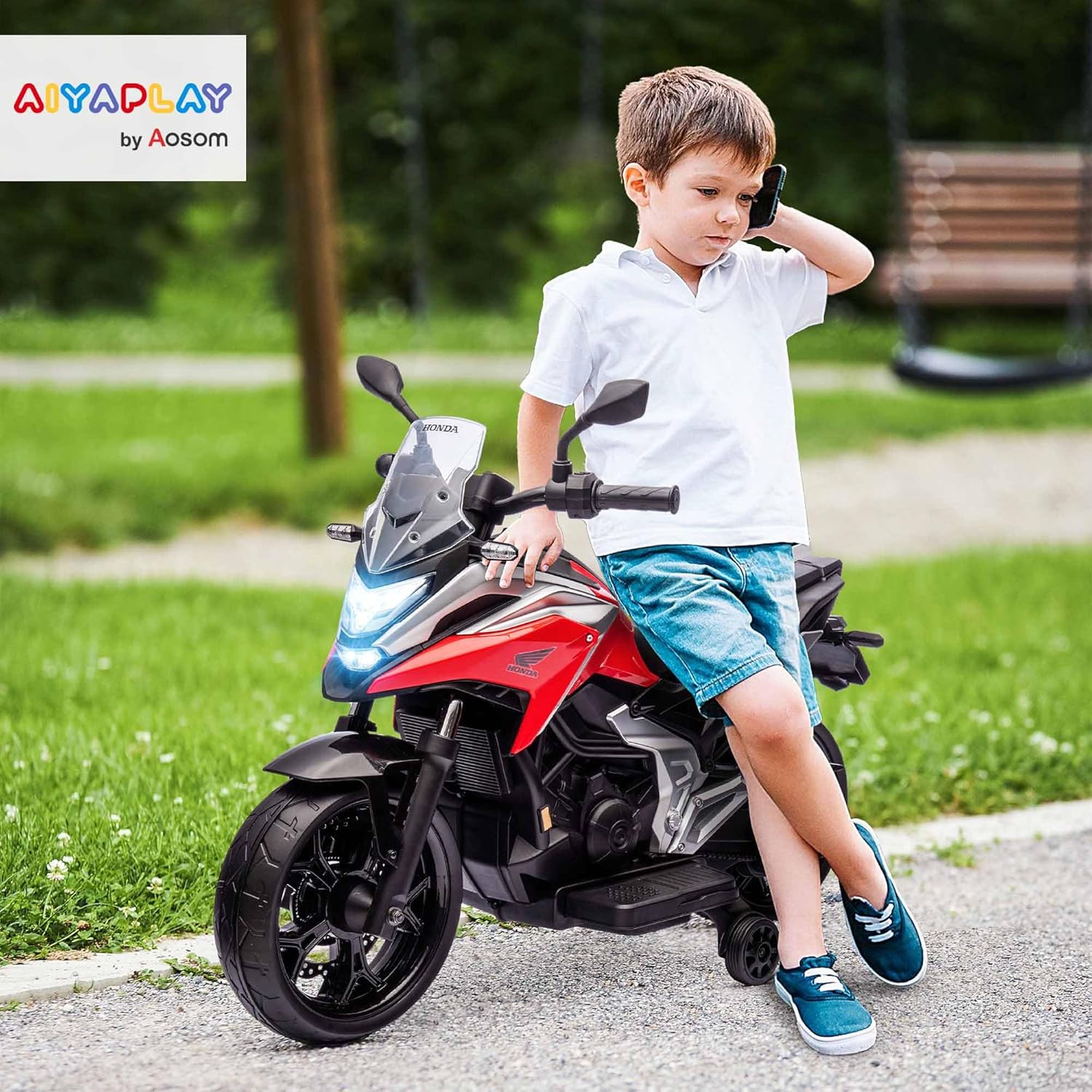 Moto Électrique pour Enfants 3-6 Ans 107L x 46l x 75H cm Rouge - Moto Porteur Honda, Musique, Phares, Voiture Électrique, 2 Roues d'Entraînement