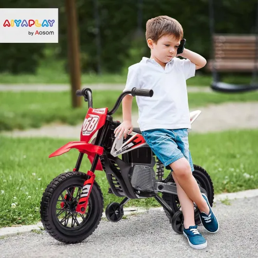 Moto électrique Enfants 2 Moteurs 12V Puissant 3 à 6 Ans Rouge - Moto Cross pour Enfants, Vitesse Max - 5 km/h, Roues d'entraînement, Système de Suspension, Musique