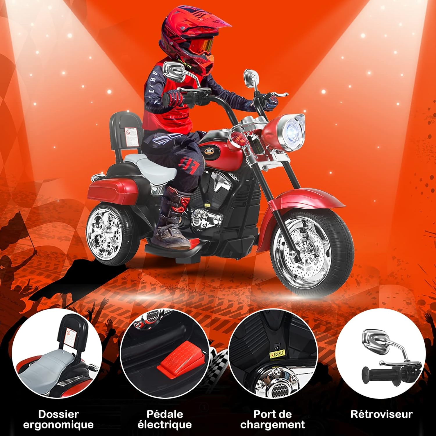 Moto Électrique pour Enfants 3+ Ans Charge Max - 30KG 6V 3km/h avec 3 Roues, Phare et Klaxon, Véhicule Tricycle Rechargeable (Rouge)
