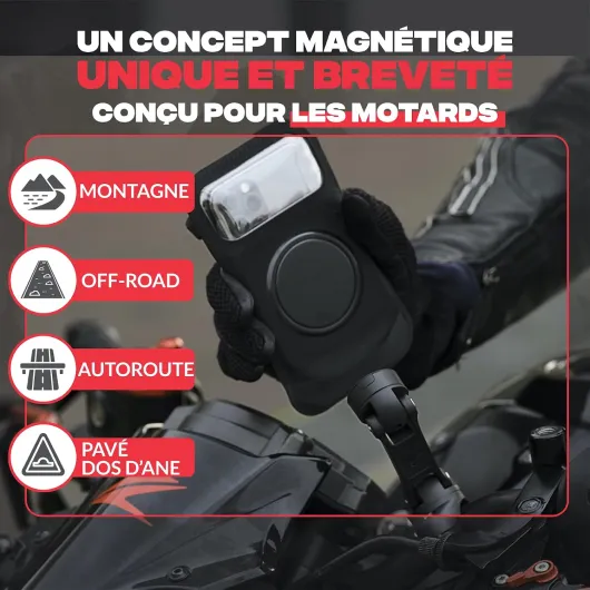 Support Téléphone Moto avec Pochette Magnétique et Booster 360° - Compatible tous Smartphones - Guidon 22-32 mm - Bras 360° inclus - Weatherproof - Anti-vibrations - Claper et Retirer 1 Geste 2XL - Téléphone jusqu'à 17,2 cm