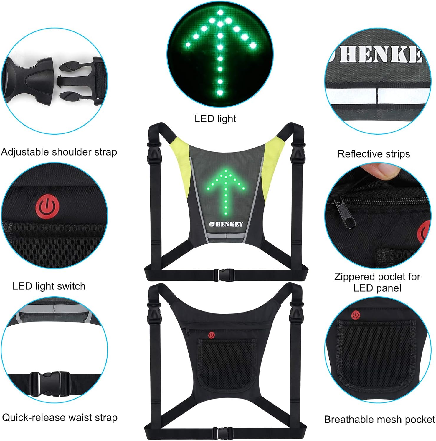 Gilet de Cyclisme à LED, Gilet réfléchissant à LED avec indicateur de Direction - Télécommande, Feux de Direction, Rechargeable par USB, Installation Facile pour témoin de sécurité à vélo Gris2