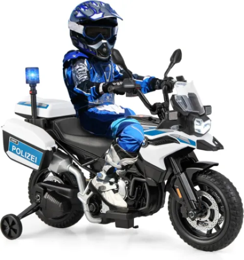Moto Électrique Enfants 3-8 Ans 12V 3-6KM/havec Lumières et Musique Scooter Électrique avec Roues Latérales Amovibles, pour Enfants Charge 30kg Blanc