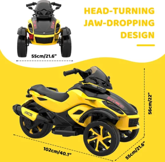 Moto Électrique Enfant 12V, avec 2 Moteurs, Vitesse de 4 km/h, LED, USB, Musiques Variées pour L'éveil Précoce, La Meilleure Cadeau de 3 à 8 Ans Jaune