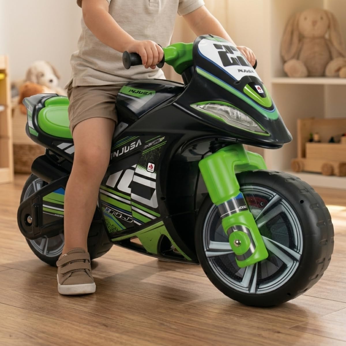 Moto Porteur Enfant 4 5 6 et 7 Ans sans Pédales - Winner Racing XL Stable + Ergonomique - Moto Draisiènne 4 Ans Roues Larges + Transport Facile + Style Course - INJUSA Vert