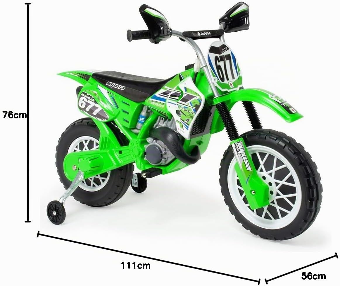 Moto Électrique Cross Verte pour Enfants 3 à 6 Ans avec Batterie 6V Roues Stabilisateur Accélérateur Guidon Frein Automatique Bandes en Caoutchouc Vitesse 6 kmh - INJUSA