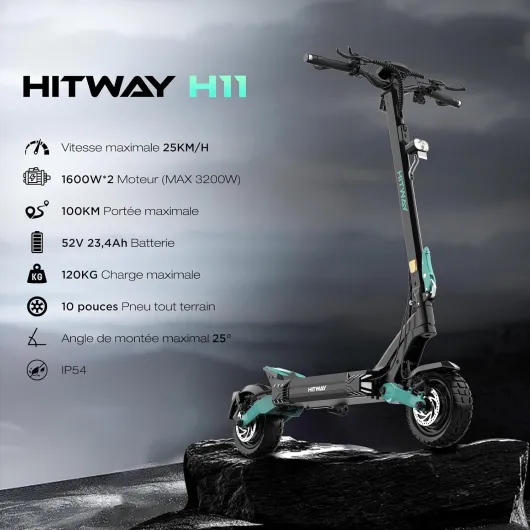 H11 Trottinette Électrique Adulte 2 * 1600W - Autonomie 110KM, Batterie 52V 23.4Ah - Scooter Tout-Terrain 10 Pouces Tubeless - Double Suspension, Max 120kg - Pliable - APP et NFC Noir-Vert