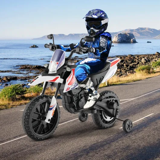 FANTASK Moto électrique pour Enfant de 3 à 8 Ans - 12 V - 5,5 à 6 km/h - avec Roues stabilisatrices, Musique et phares - Noir et Blanc